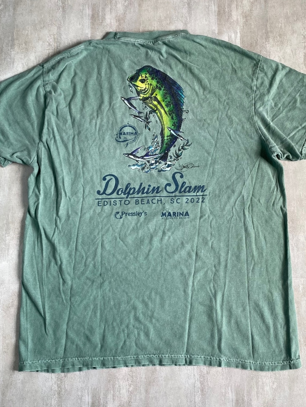 Comfort Colors Mens Large Seafoam Green Dolphin Slam Edisto Beach SC T-Shirt